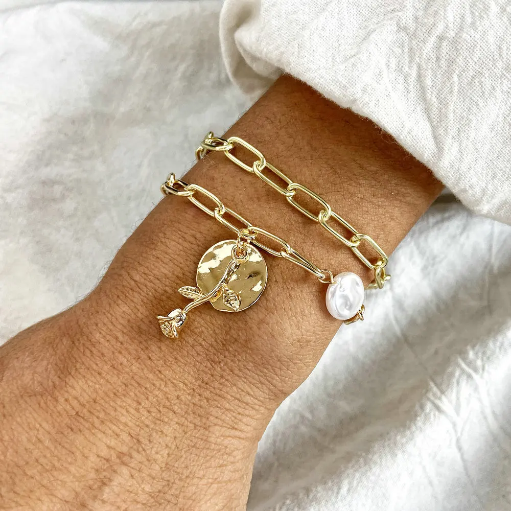 

Creative retro simple pearl circle rose flower pendant bracelet lady gold metal bracelet (KB8256), As picture