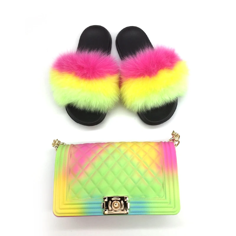 

2020 fashion factory customized wholesale women fox fur slides customize jelly purse fluffy custom multi color fur slides, Yellow, red, purple, blue, black, beige, gray, pink, red