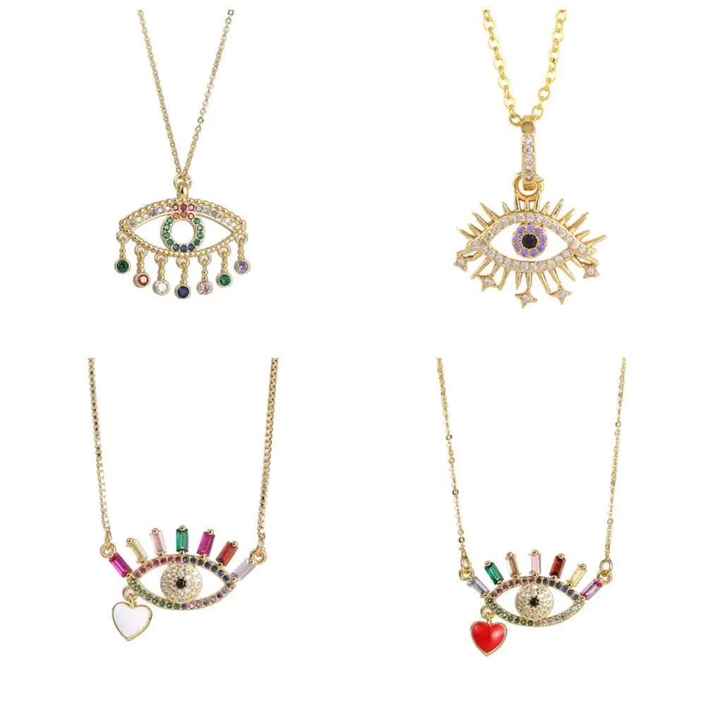 

Yiwu RTS CZ Necklace Rainbow Zircon with Charm Rainbow Greek Eye Jewelry for Woman colar olho grego Gold Eye Necklace