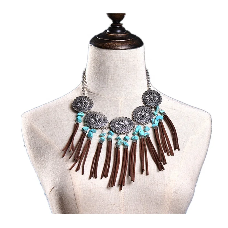 

Fashion Children Jewelry Baby Girls Vintage Leather Tassel Turquoise Necklace, As picture