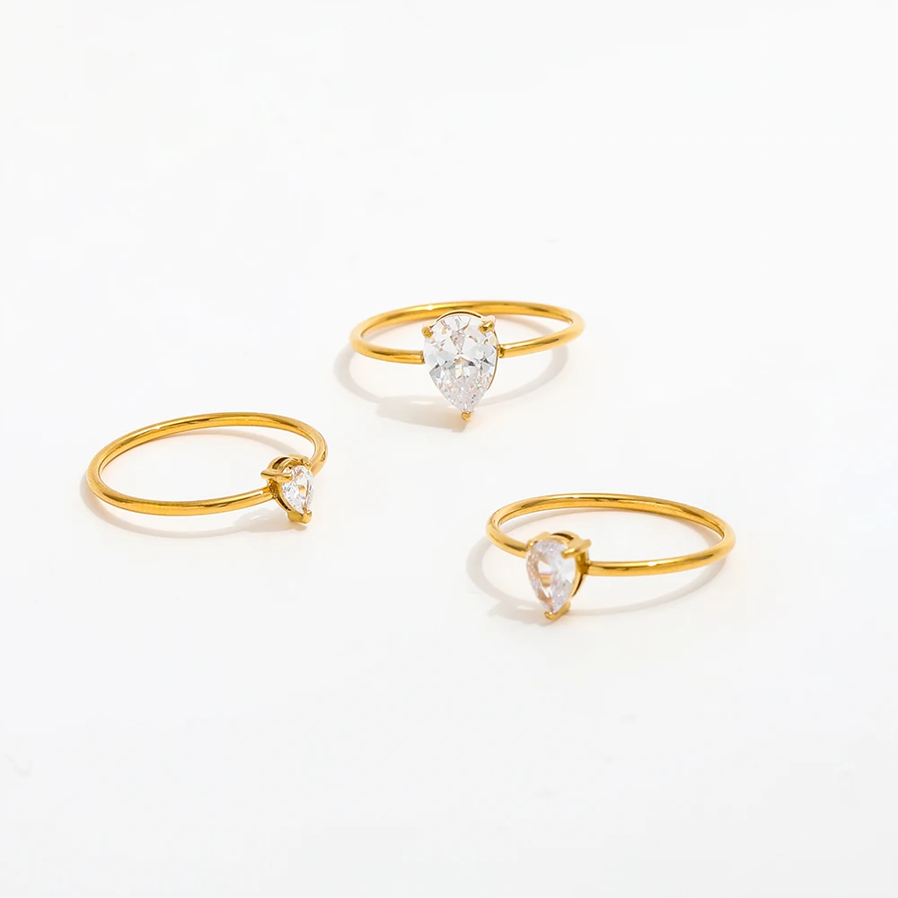 High End 18K Plain Gold Water Drop Zirconia Fine Lines Ring Stainless Steel Trendy Simple Gold Plated Fashion Jewelry