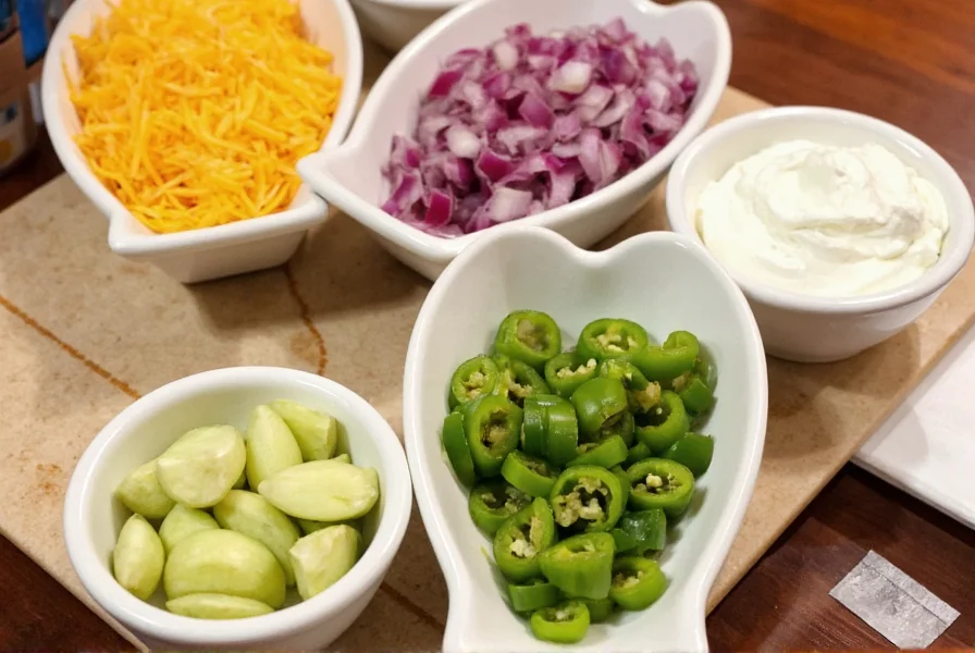 Chili toppings bar with cheese, sour cream, onions, and jalapeños arranged in small bowls