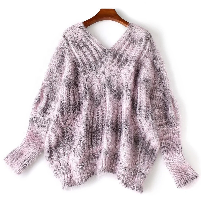 

B62070A Chunky sweater women's fall 2019 fashion double v-neck sweater hollowed-out pullover, As picture