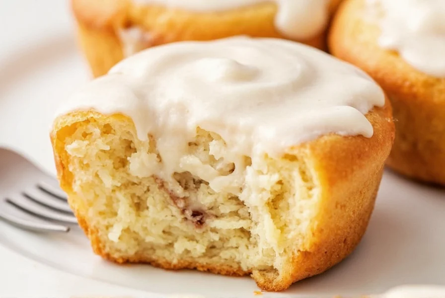 Close-up of soft, golden gluten free cinnamon rolls with creamy frosting on a white plate