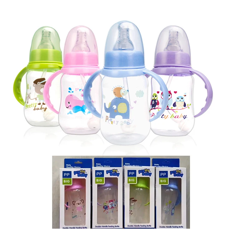 

150ml/5OZ Cartoons Multicolor Baby Milk Feeding Bottle Kids Water/Milk/Juice PP Bottle With Handle, Pink, blue, green,purple