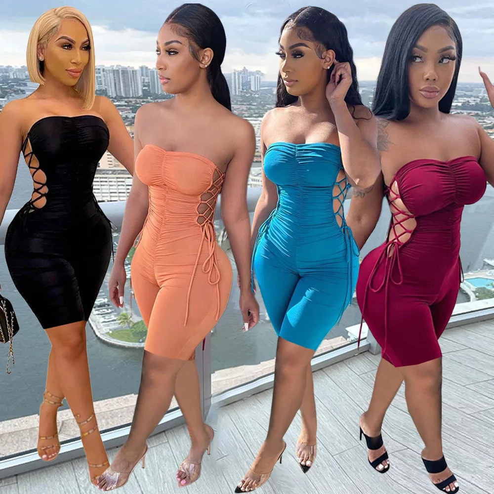 

2021 hot selling nigh club wear women sexy romper jumpsuit short pant strecthy tube side criss cross ladies sexy club rompers, Orange,green,pink sexy rompers