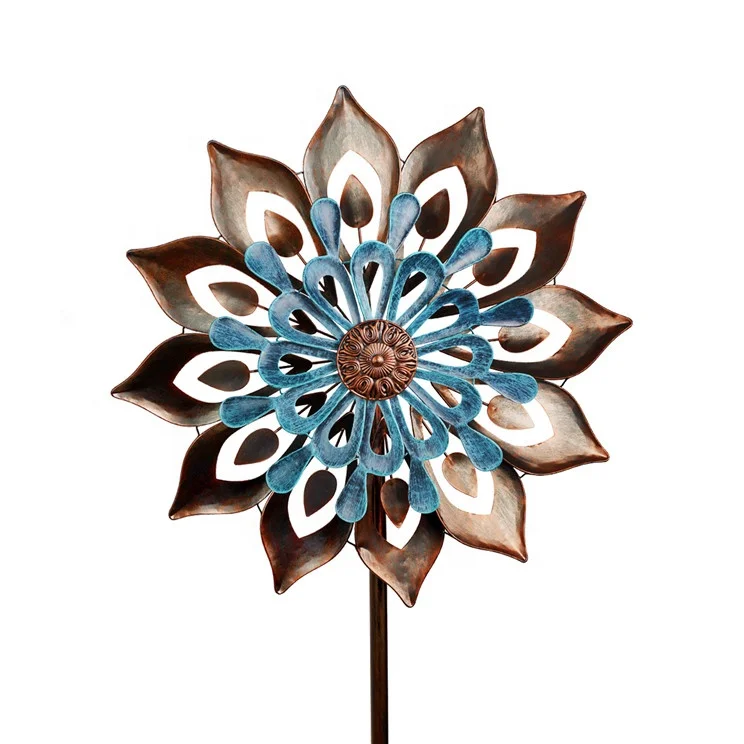 

Hourpark high-quality double-sides windmills copper peacock feature sculpture garden wind spinners, Copper and blue