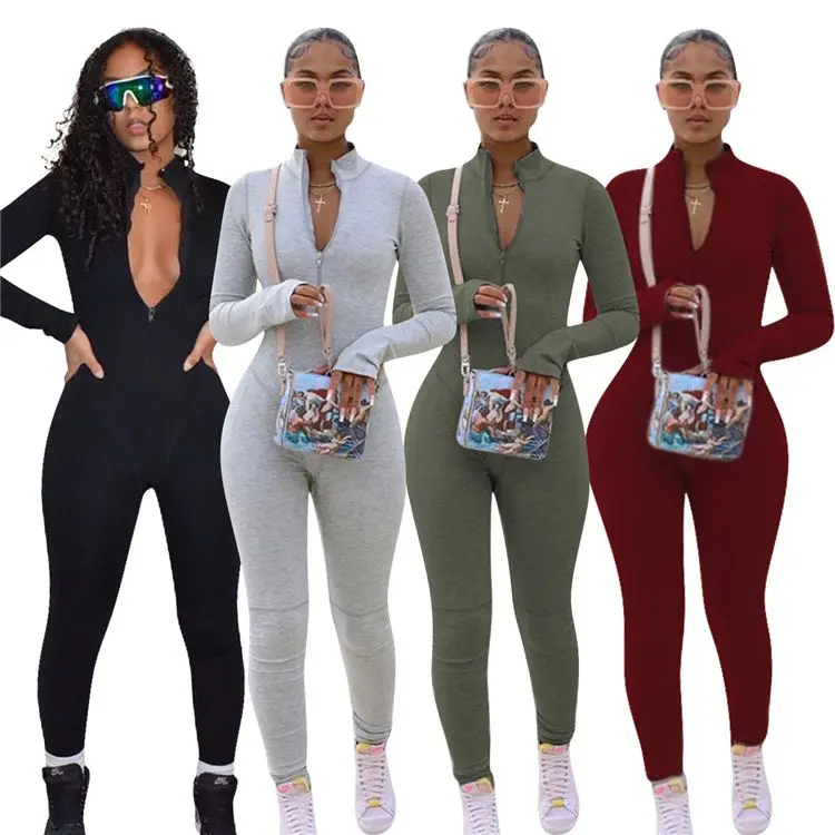 

ONLY Solid Color Zipper Stand One Piece Jumpsuits Woman Bodycon Jumpsuits Rompers