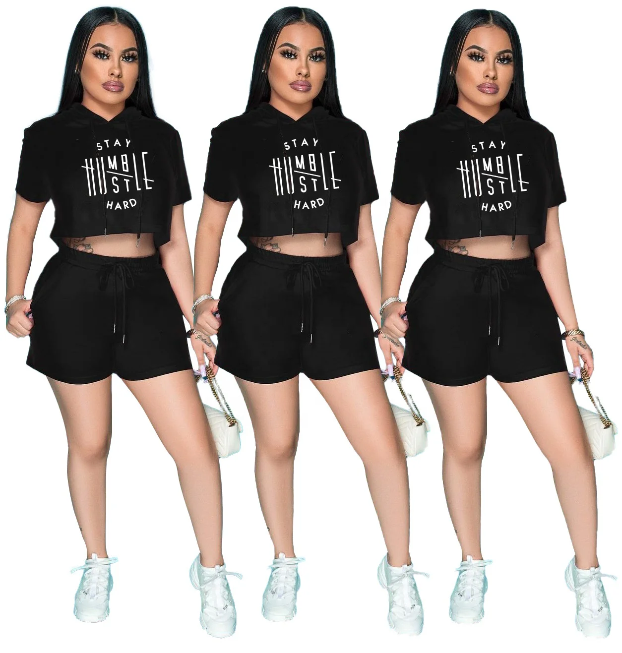 

MT369-2128 Summer fashion women's casual sports short-sleeved hooded printed letter pants suit 2 piece set women