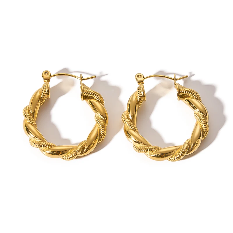 

Best Selling Stainless Steel 18K Gold Plated Twisted Texture Hoop Earrings Non Tarnish For Women