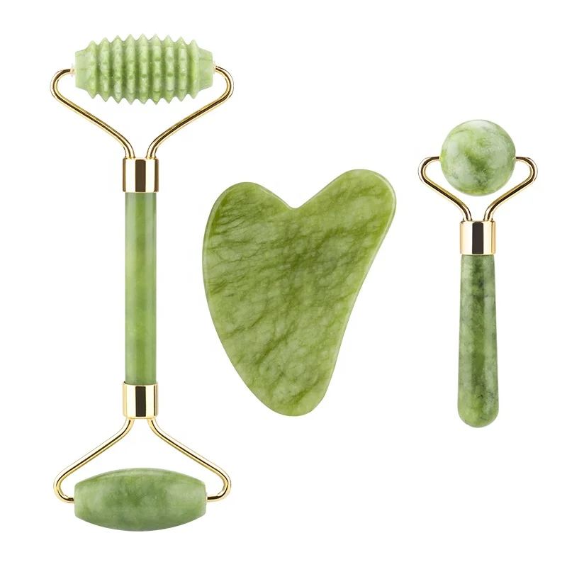 

Hot Selling New 100% Natural Dongling Stone Green Jade Roller and Gua Sha tools Set for Facial Body Eyes Neck Massager Tool, Green/pink/black/purple/white