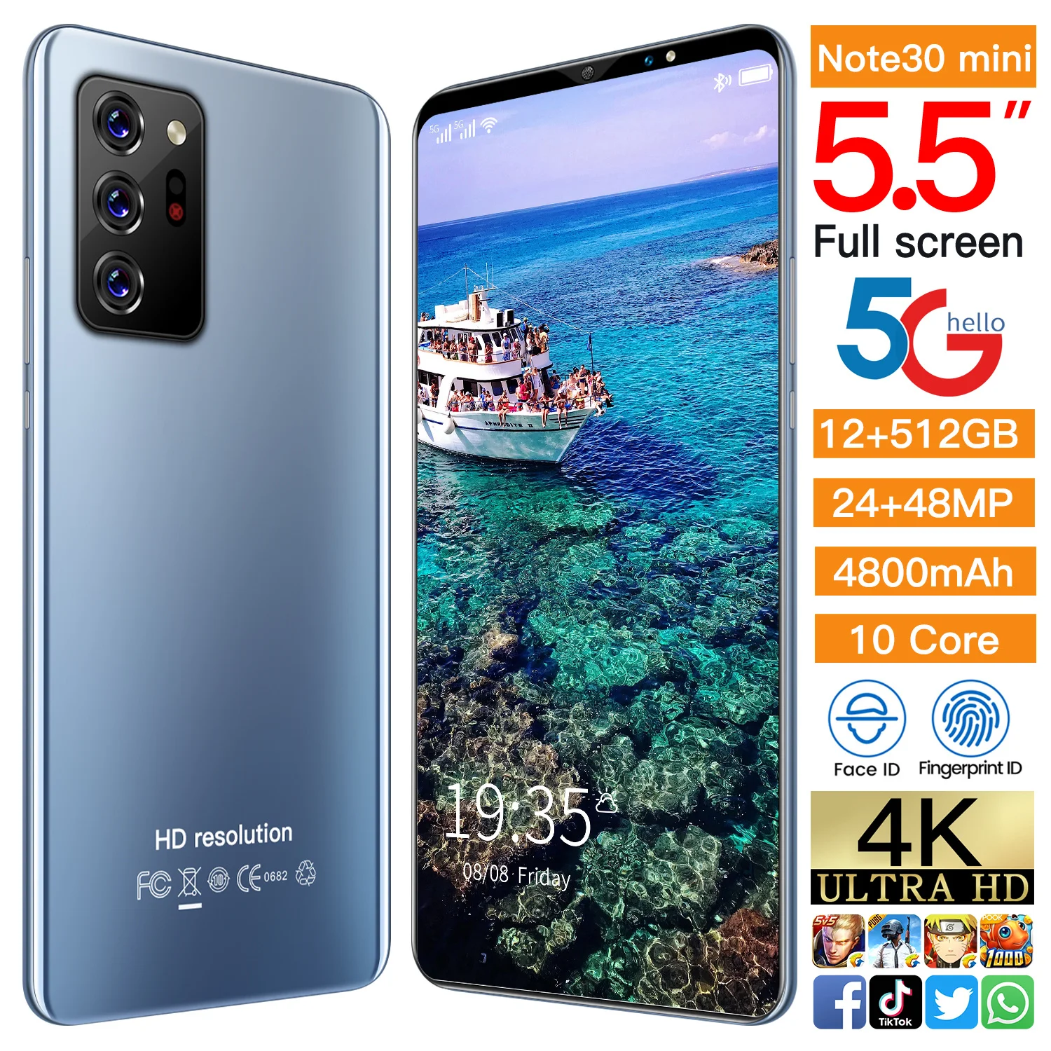 

New note30 mini 4K HD full screen phone RAM8GB+ROM256GB Android phone 4800mAh battery smartphone Dual SIM Card Mobile Phone