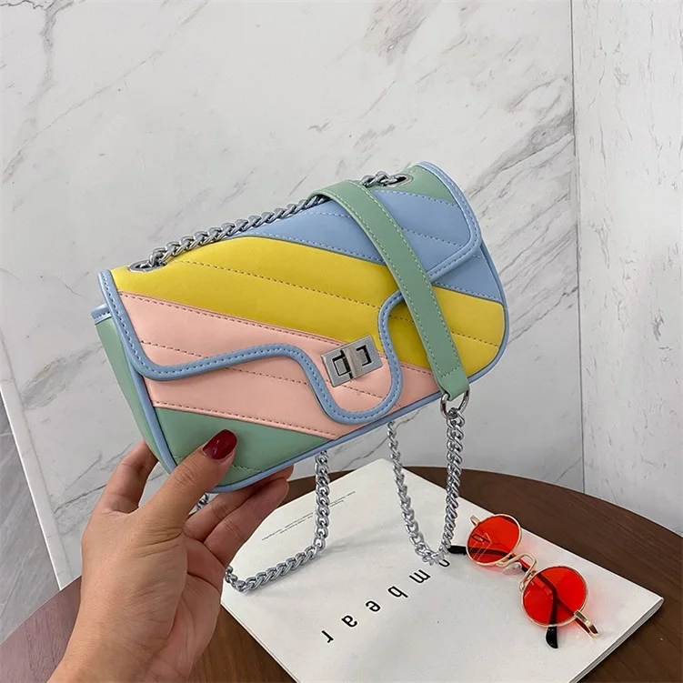 

Qetesh Fashion Hit Color Chain Square Purses Leather Handbags For Women, Customizable