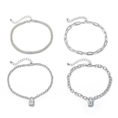 

New Arrival Punk Lock Link Chain Ankle Bracelet Multilayer Silver Plating Lock Pendant Anklet Set