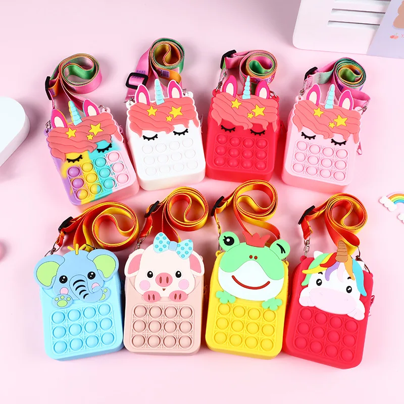 

Wholesale Cute Cartoon Animal Soft Silicone Toy Zipper Coin Purse Bags Popit Fidget Bag Messenger Bag for Kids