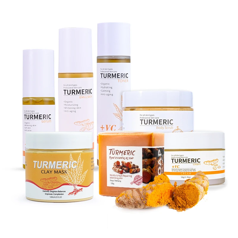 

Oem Private Label Face Vegan Natural Skincare Kit Anti Acne Brightening Organic Turmeric Korean Skin Care Gift Set