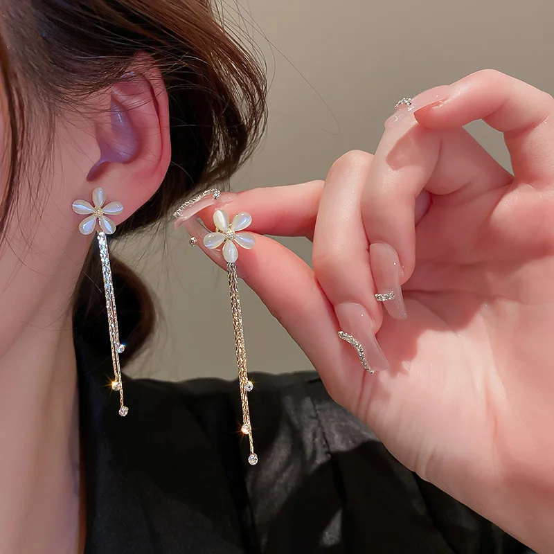 

OEM Silver Needle Zircon Earring Korean Fashion Temperament Real Gold Plated Flower Long Tassel Earrings