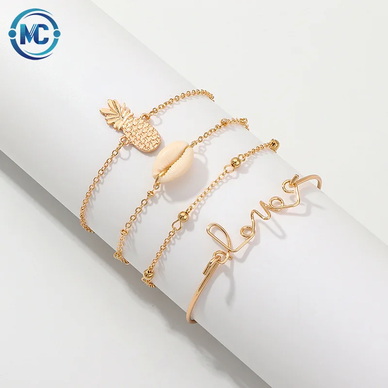 

2021 Hot wholesale 4pcs pineapple seashell bracelets & bangles gold bracelet sets