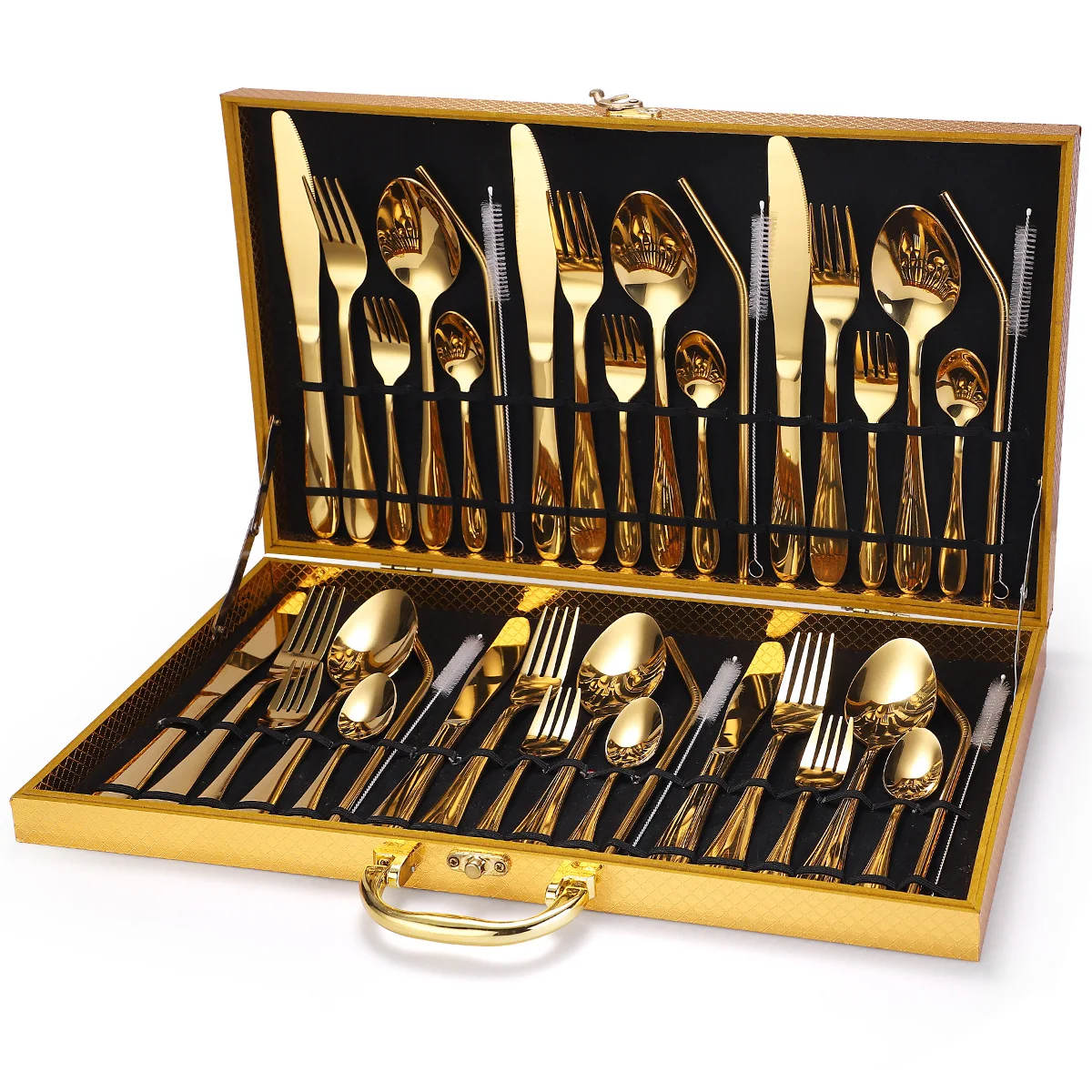 

Stainless steel 42 pcs gold silverware flatware cutlery straws in wood box for wedding, Sliver, gold