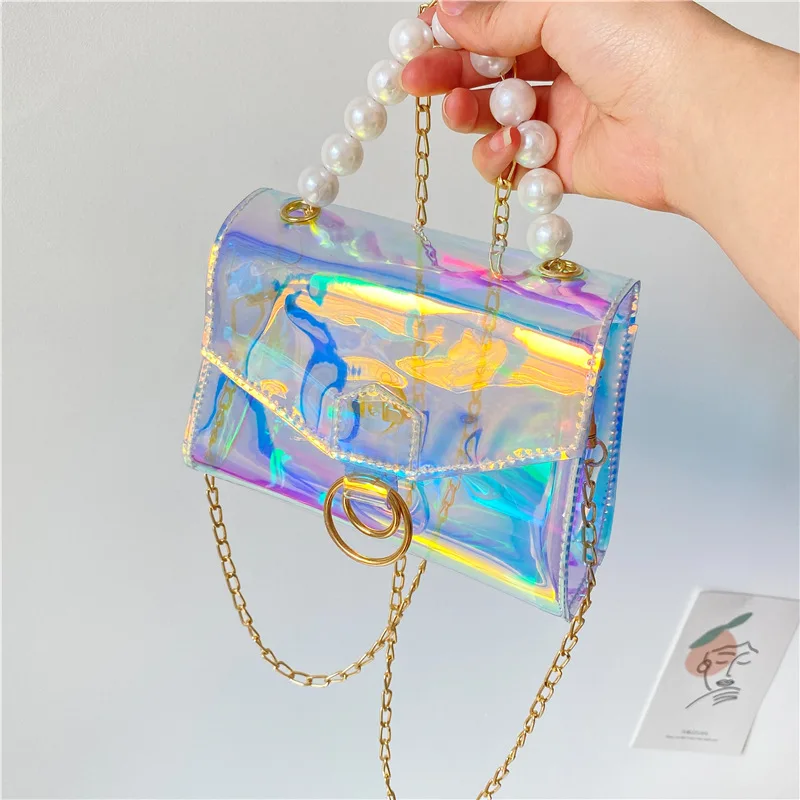 

2021 New Summer Transparent Pearl Chain Jelly Bag Handtasche Designer Women Mini Handbags, Picture color