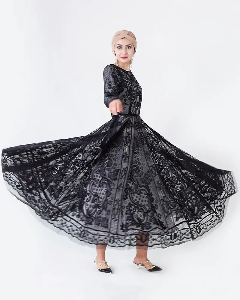 

Heavy industry embroidery positioning water soluble lace swing Muslim dress Caftan Long Dress Long Sleeve Maxi Dresses