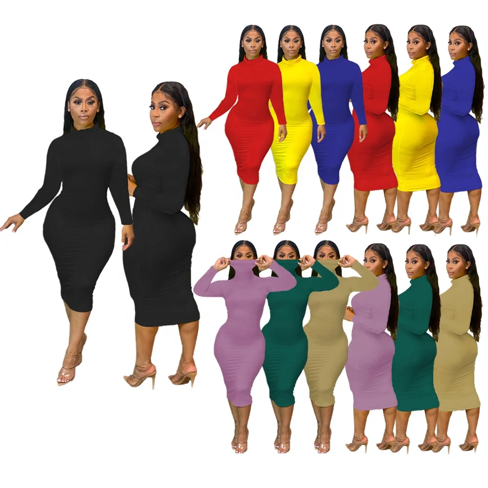 

PZF 2021 trendy Spring women clothing bodycon high collars plus size dresses women