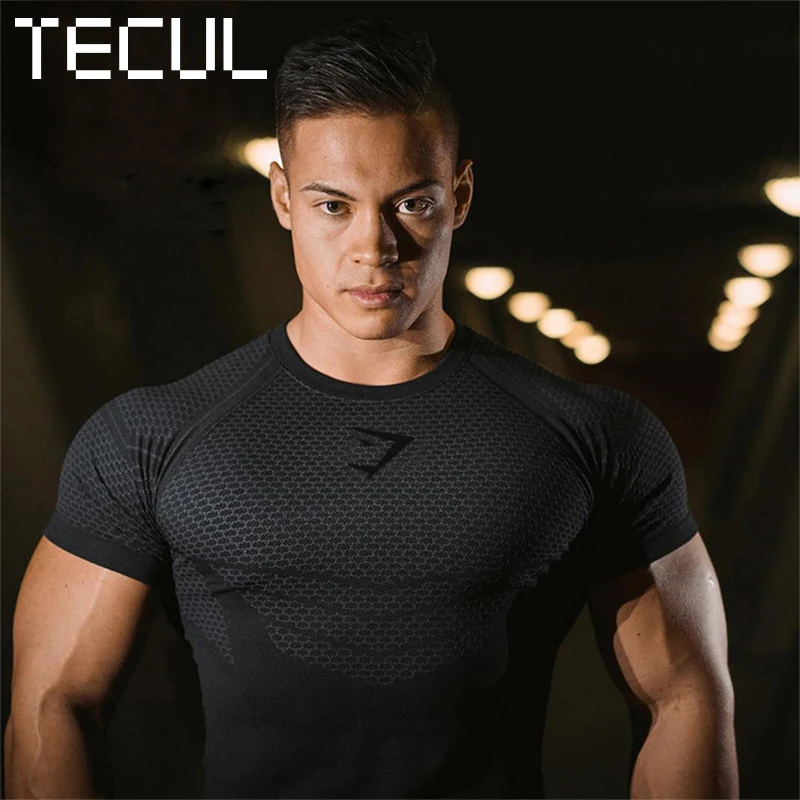 

TECUL men's sportswear muscle brothers short-sleeved sports fitness running training suit elastic fashion round neck T-shirt