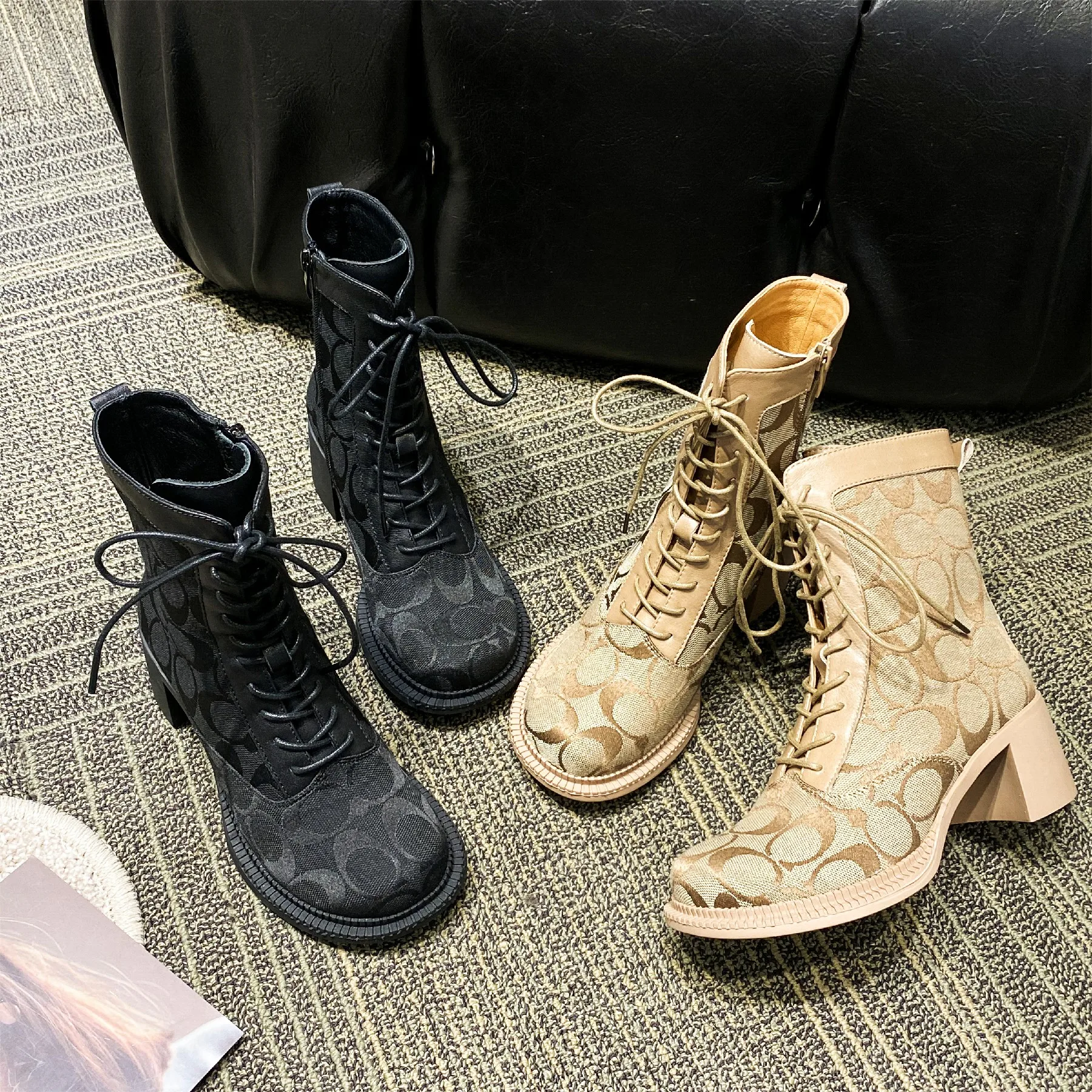 

The latest breathable working canvas shoes popular high ankle female boots, Black/brown