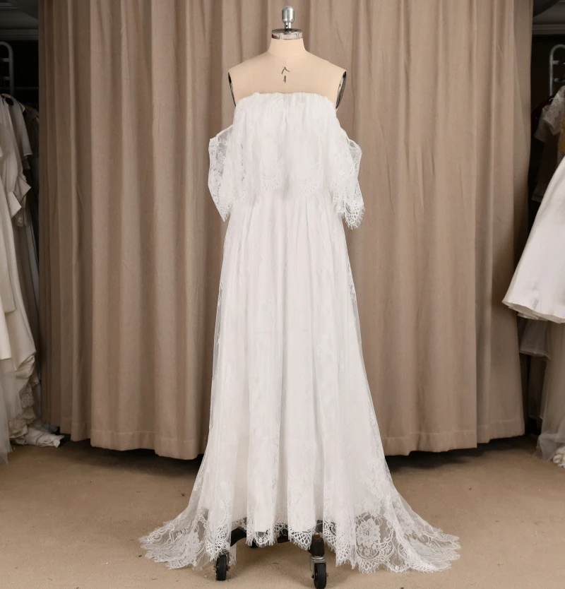 

#940 Off Shoulder Boho Lace Fabric Wedding Dress Bridal Gown, Ivory