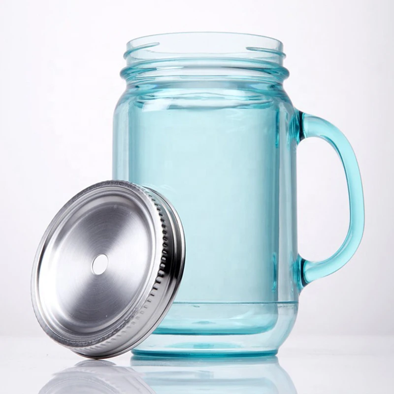 

Vintage Blue mason jar with stainless steel lid handle 20oz double wall mason jars acrylic whiskey glass cup