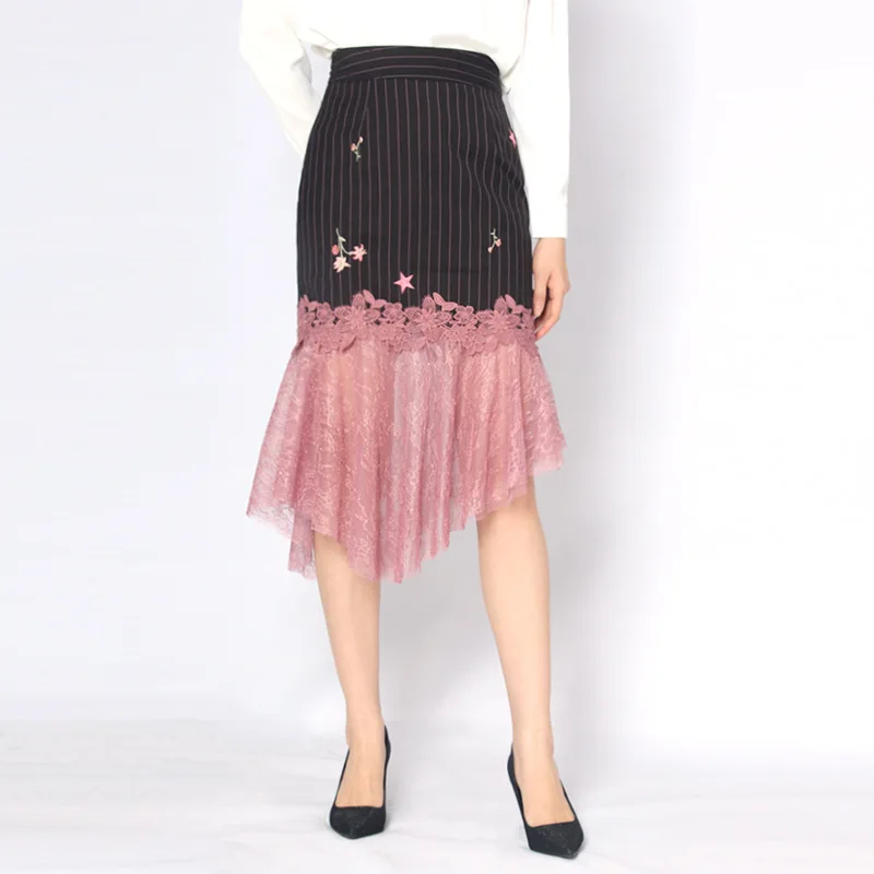 

Latest Designs Embroidery Striped Irregular Patchwork Lace Long Skirt for Ladies