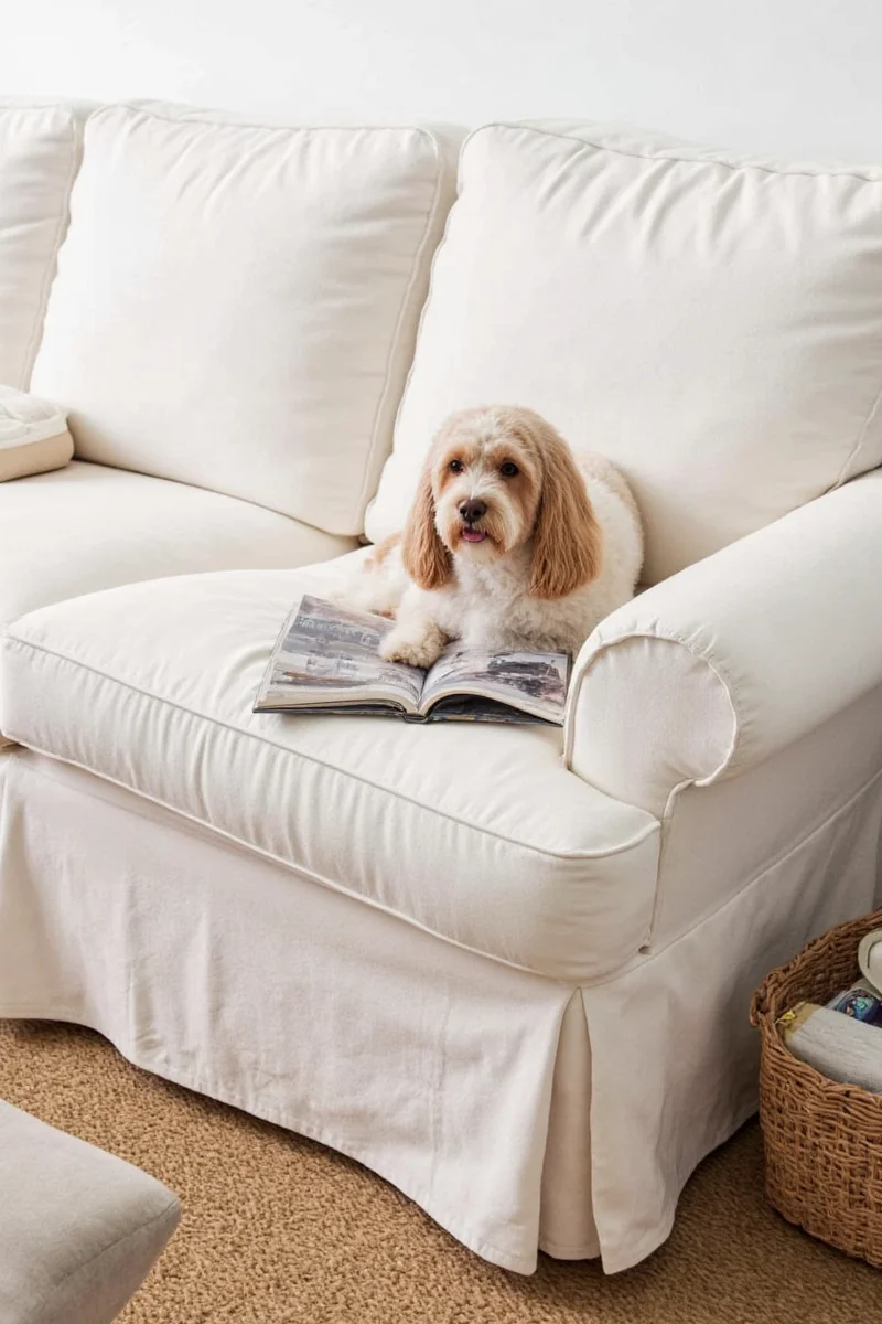 A rugged beige canvas slipcover on a rustic sofa, looking both practical and chic.