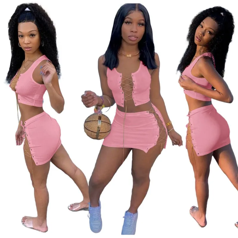 

Summer Bodycon 2 Two Piece Sets Women Outfits Chain Lace Up Hollow Out Sleeveless Crop Top Mini Skirt B1191