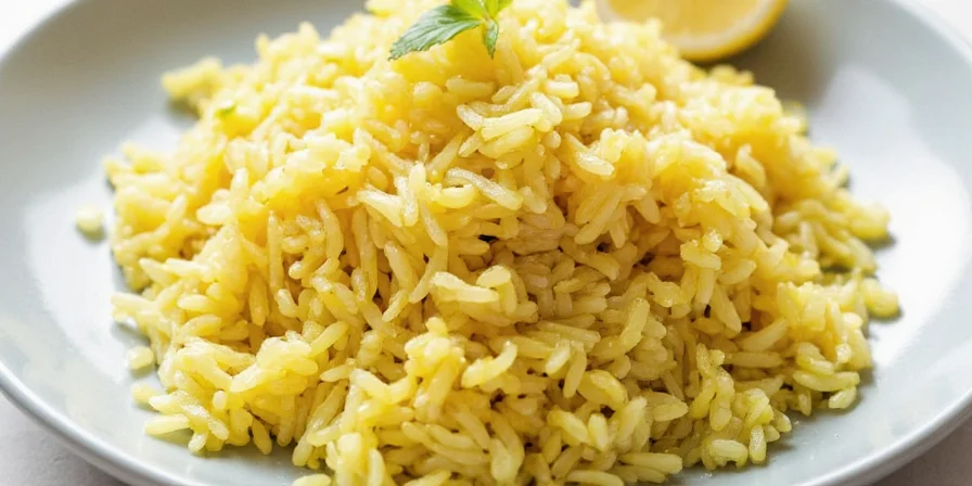 Golden lemon rice served in a ceramic bowl with fresh herbs