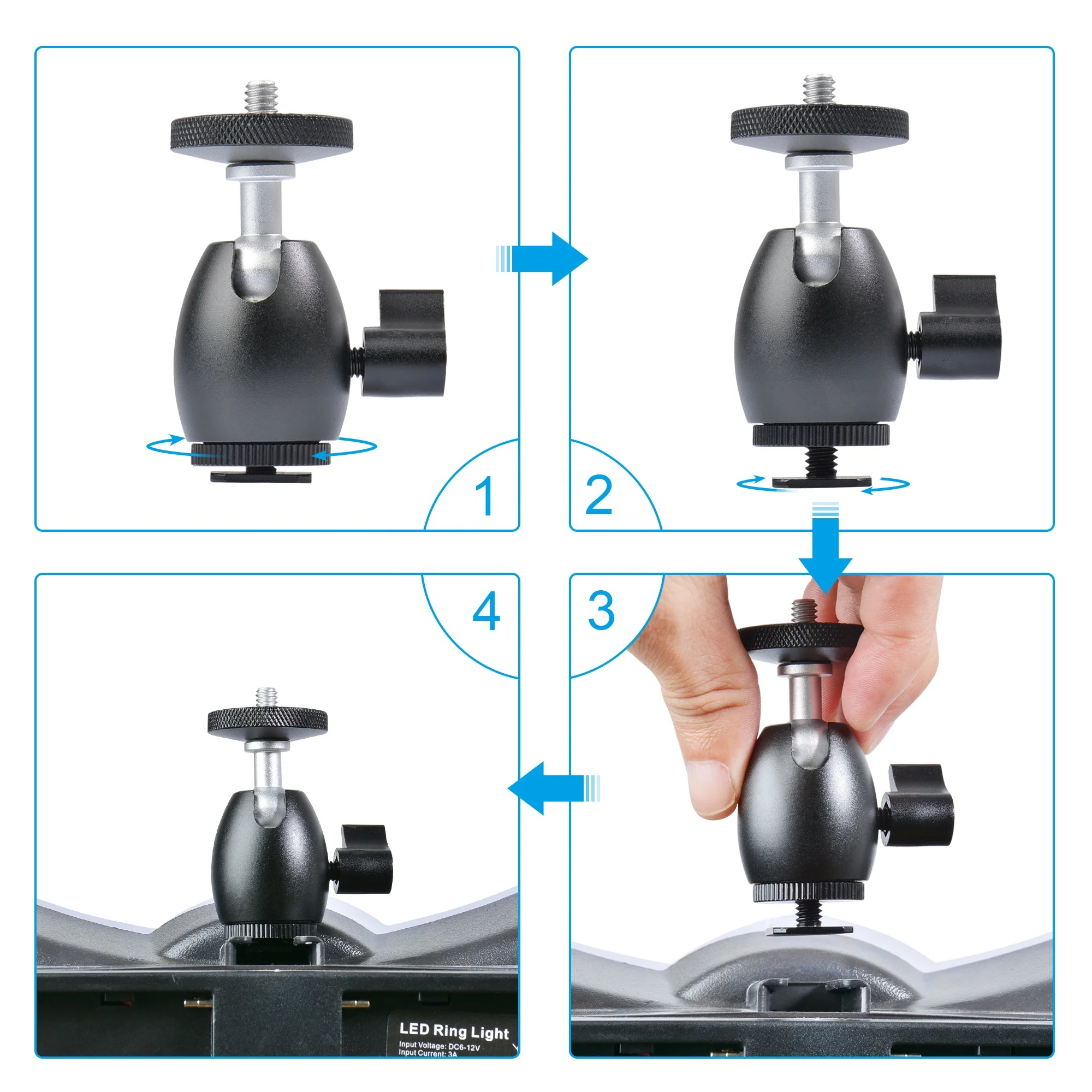 
Mini Ball Head 1/4 inch Screw with Lock and Hot Shoe Mount Adapter Compatible with LED Light,Ring Light,Load Up to 4.4 pounds/2 
