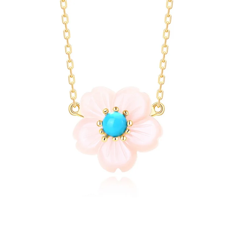 

Custom sterling silver turquoise flower mother of pearl shell necklace