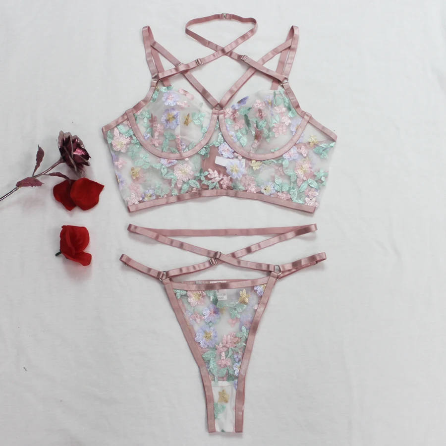 

Manufacturer's direct selling transparent bra panty mesh Embroidery Flower strap Adult women Sexy Lingerie set, Picture shows