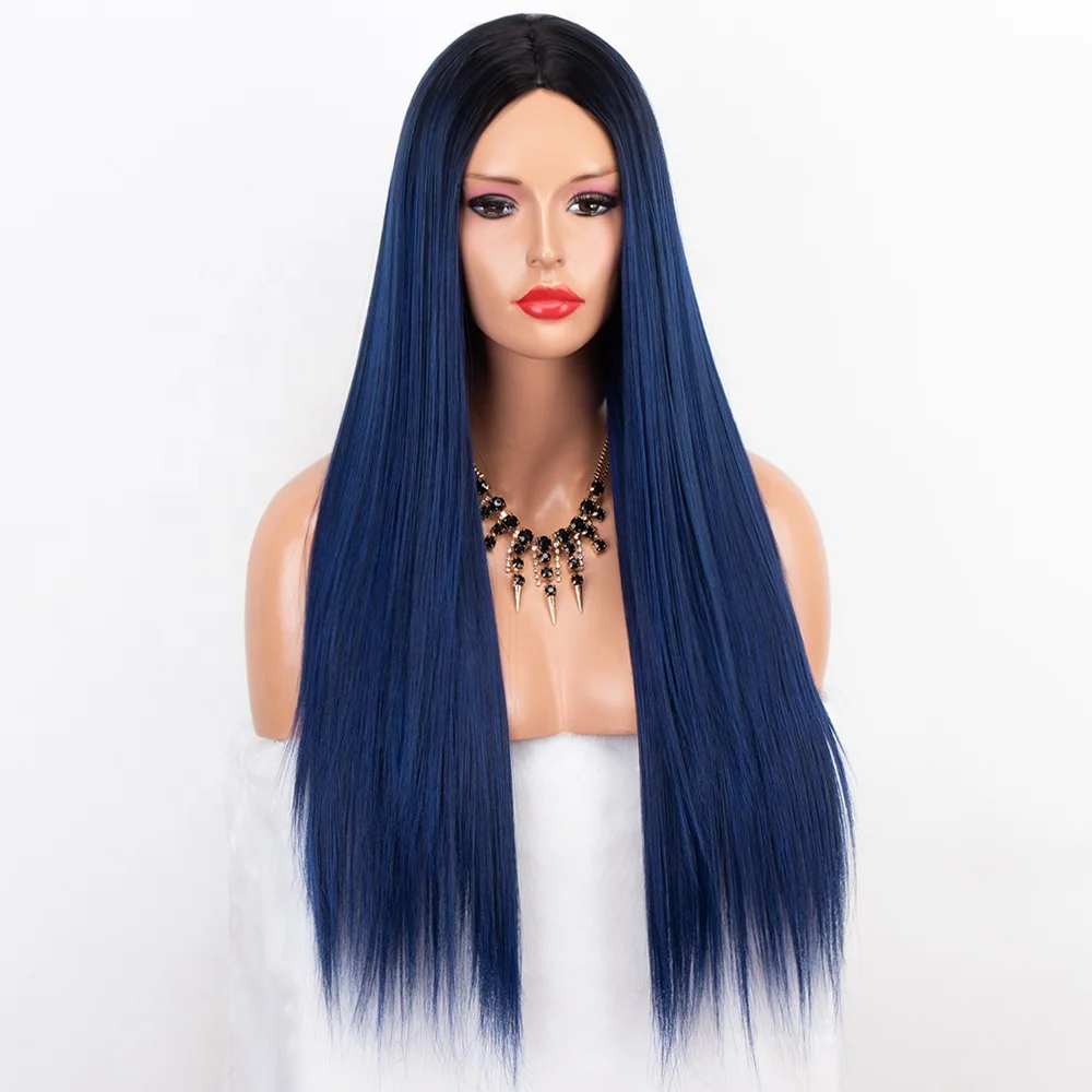 

Aliblisswig Natural Looking Replacement Hair Wig Dark Root Ombre Blue Long Straight Heat OK Fiber Hair None Lace Synthetic Wigs