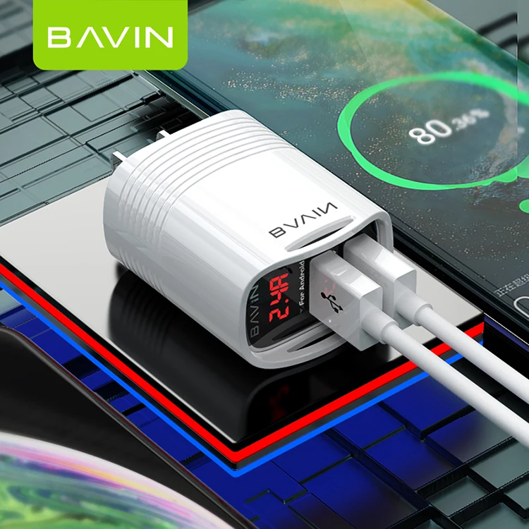 

2020 new Bavin dual USB ios android 5V 2.1A mobile phone charger with LED display mobile phone charger, White