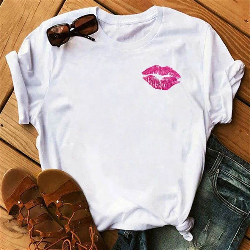 

Loose pullover round neck lip print short sleeve T-shirt European and American ladies casual tops