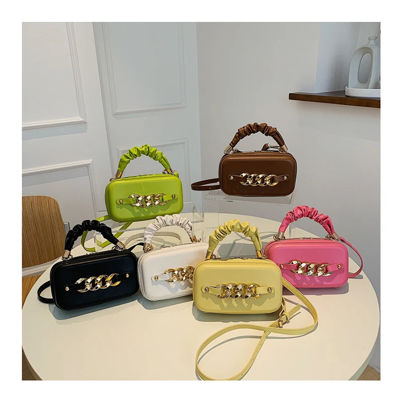 

Designer Trendy Ladies Box Purses Thick Gold Chain Textured Shoulder Crossbody Bags Summer Ruched Handle Mini Tote Handbags