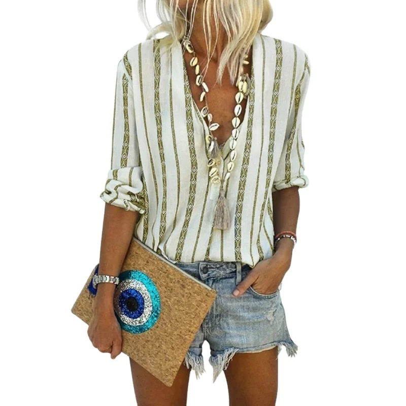 

Bohemian V Neck Striped Button Down Shirts Women Blouses