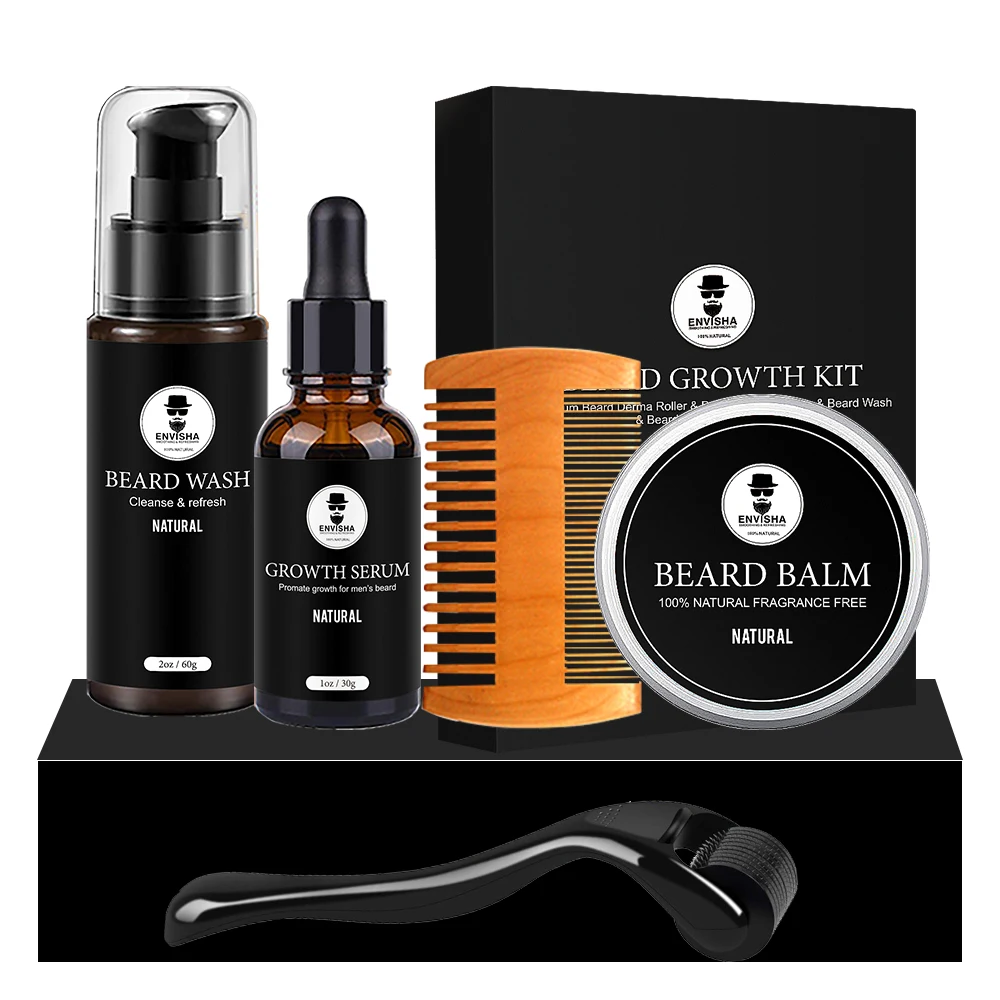 

private label 5 in 1 men beard care grooming derma roller serum comb beard oil growth kit with brush
