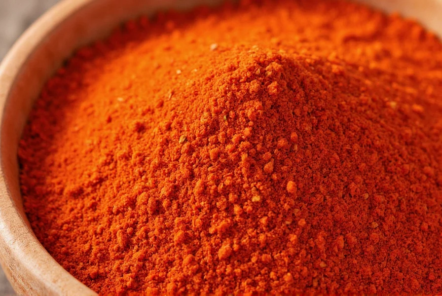 Close-up view of red pepper meal showing coarse texture and vibrant red color in a wooden bowl