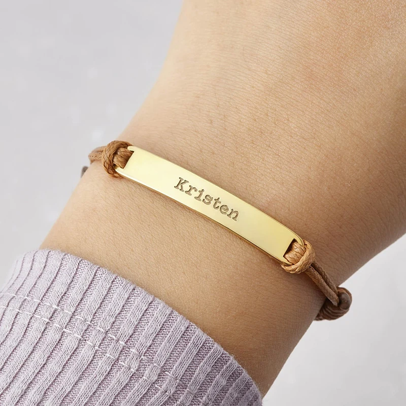 

diy fashion minimalist jewelry personalized engraved encouragement words gold plated bar braided adjust custom rope bracelet, Brown , gray , black, red , etc
