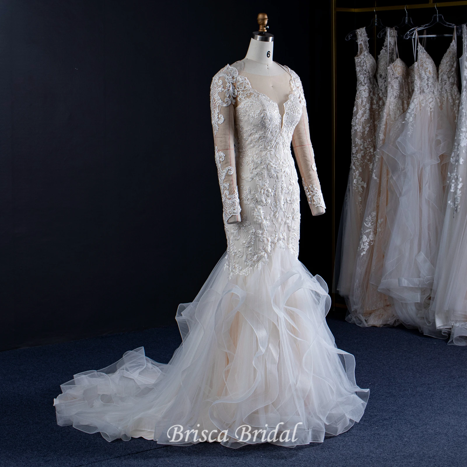 

2021 New Illusion Off Shoulder Long sleeve Lace Ball Gown Wedding Dress Vestido de novia Ruffles Mermaid Bridal Dress
