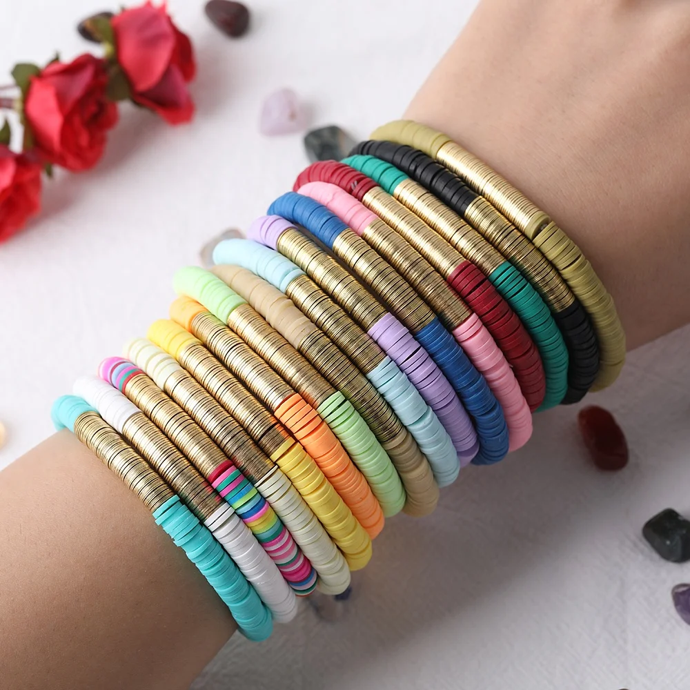 

Multi Color Fashion Clay Heishi Beads Bracelet,Gold Spacer Charm Friendship Bracelet Jewelry, As picture