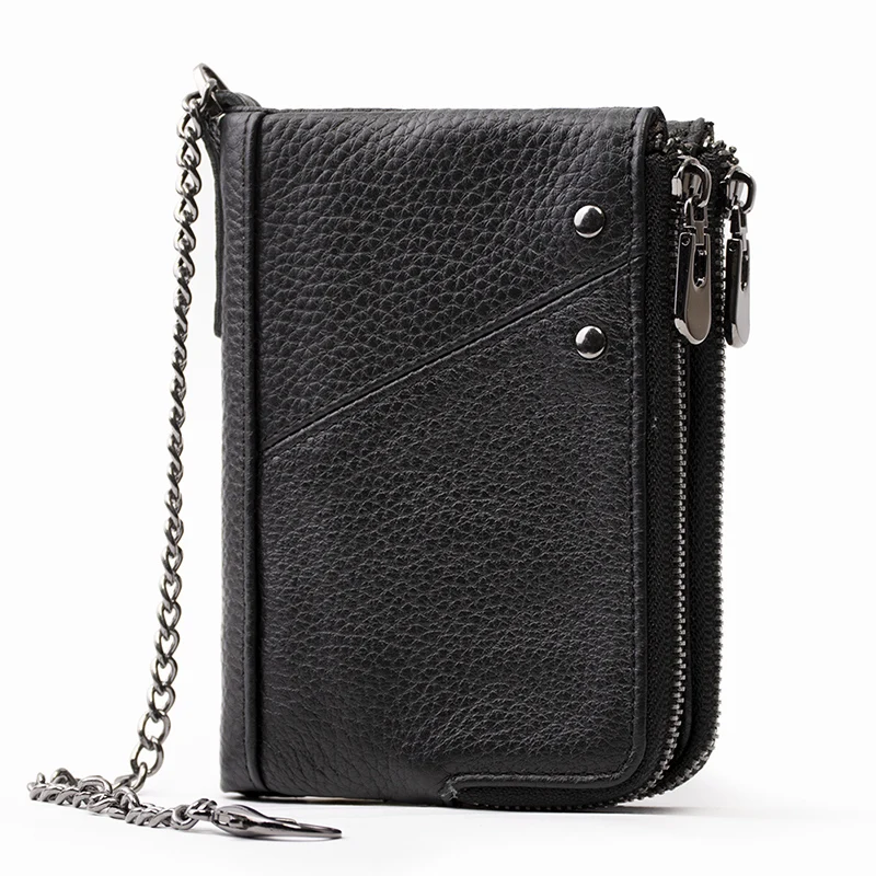 

Best Sell Biker Wallet Genuine Cow Leather Men Fashion Factory Purse Zip RFID Blocking Creditcard Holder Walets with Chain, Black