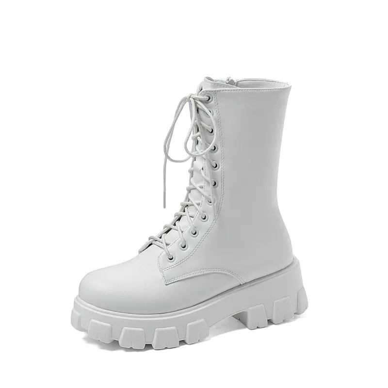 

Winter Womens Ankle Boots Soft Leather Wedges Rubber Platform Lace Up Sexy Punk Military Ladies Shoes