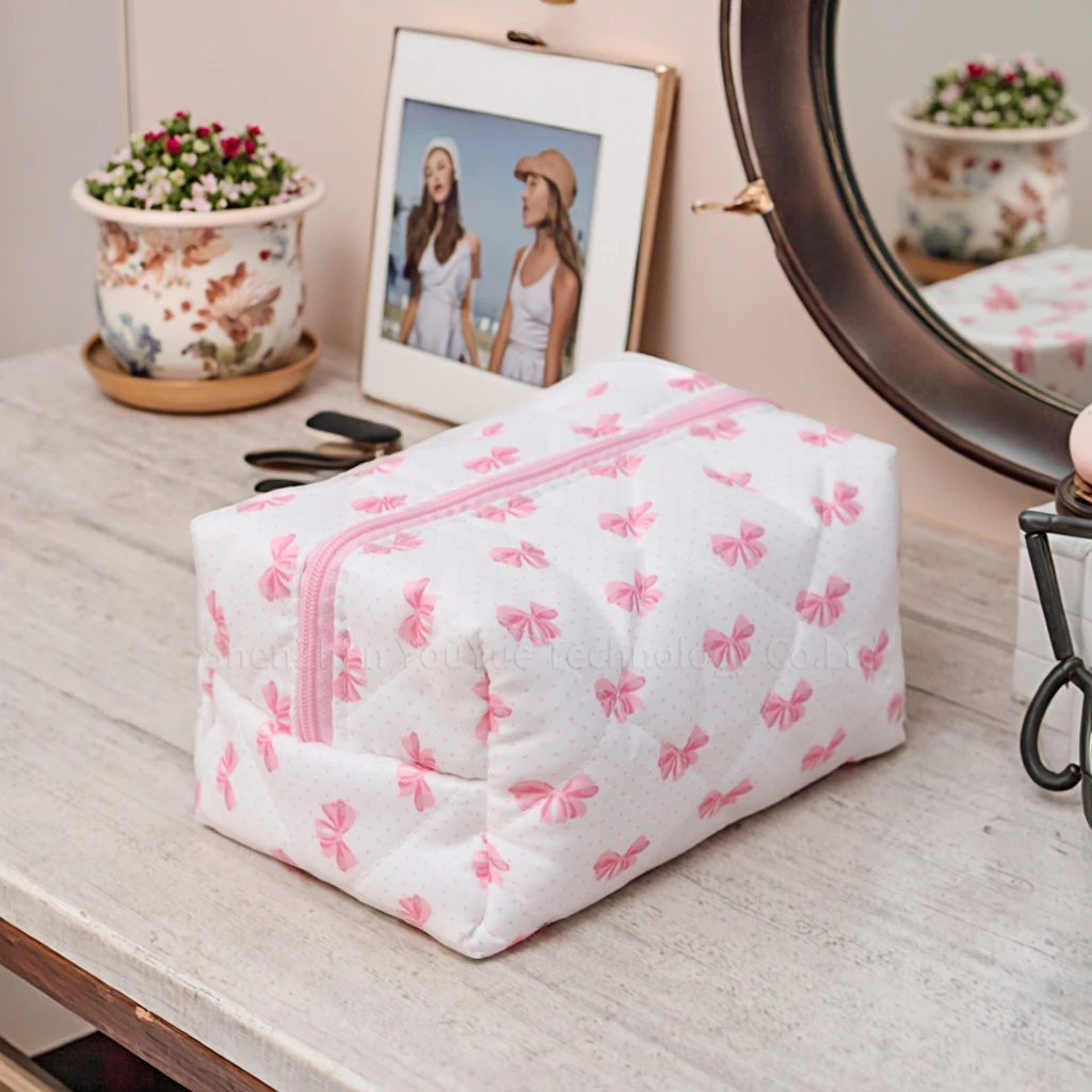 YY Quilted Puffer Cosmetic Bag for Pink Bow Print Makeup Pouch with National Style for Travel & Skincare Storage